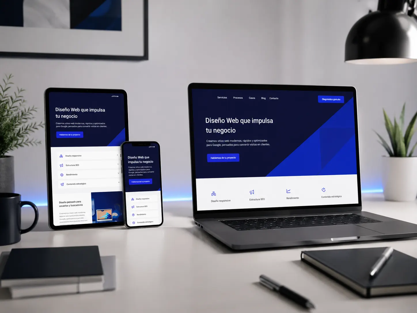 Diseño web responsive mostrado en laptop, tablet y móvil para empresas en El Salvador