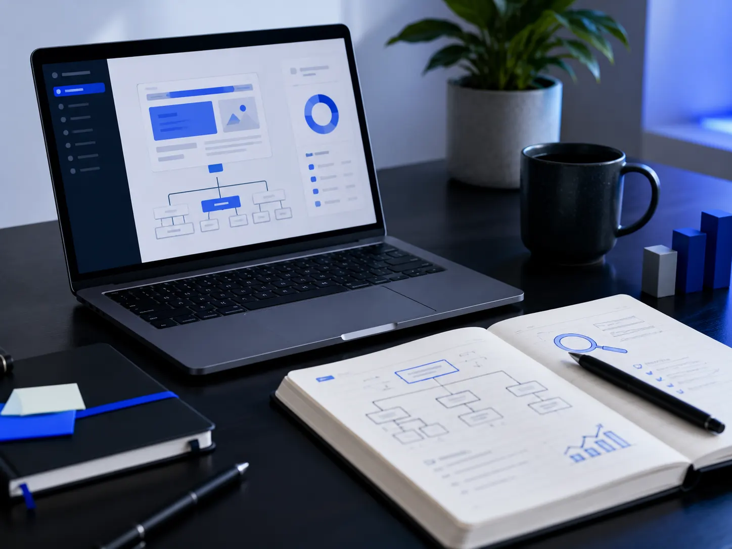 Planificación de estructura SEO para sitio web con laptop, diagramas y libreta de trabajo